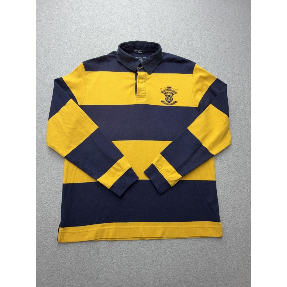 Fahrenheit Polo Shirt Mens 2XL Blue Yellow Stripe Rugby Long Sleeve Casual Knit